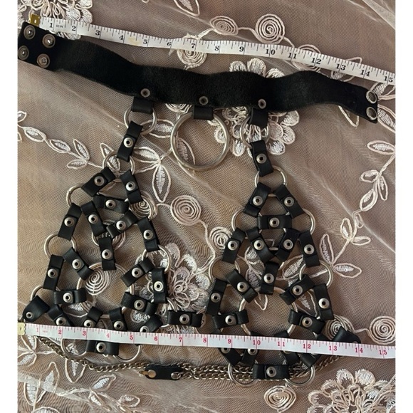 4 piece Black Leather & Metal, Bra Top, Garter, Whip and Chain, Silver Accents - Picture 10 of 17